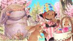  2girls :d animal_ears basket black_skirt bow bowtie cat_ears cherry_blossoms closed_mouth dark-skinned_female dark_skin day easter_egg egg final_fantasy final_fantasy_xiv flower_wreath goobbue_(final_fantasy) grey_thighhighs highres jewelry jihli_aliapoh lalafell miniskirt miqo&#039;te monster multiple_girls nonotta_(ff14) outdoors pink_bow pink_bowtie pointy_ears rabbit red_eyes ring skirt smile striped_clothes striped_thighhighs suspenders thighhighs tree wristband 