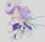  1boy absurdres animal cat cat_boy closed_mouth flower genshin_impact highres holding holding_animal holding_cat holding_flower male_focus purple_eyes purple_hair qiao2121 scaramouche_(cat)_(genshin_impact) scaramouche_(genshin_impact) shirt simple_background solo white_background white_shirt 