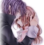  1boy 1girl black_coat bow closed_eyes closed_mouth coat comforting commentary_request couple crying fine_(futagohime) from_side fushigiboshi_no_futago_hime hand_on_another&#039;s_head holding holding_head isutoria_no_hakoniwashi long_coat long_hair long_sleeves low_twintails purple_hair red_eyes sad shade_(futagohime) short_hair sidelocks simple_background twintails white_background white_bow 