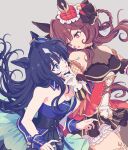  2girls animal_ears bare_shoulders black_bow black_bowtie black_skirt blue_dress blue_eyes blue_hair bodystocking bow bowtie braided_hair_rings breasts brown_hair cleavage corset detached_collar detached_sleeves dress ear_covers ear_ornament frilled_skirt frills gentildonna_(umamusume) gloves grabbing_another&#039;s_chin hair_rings hand_on_another&#039;s_chin highres horse_ears horse_girl horse_tail komasawa_(fmn-ppp) long_hair medium_breasts multiple_girls red_corset red_eyes skirt tail umamusume verxina_(umamusume) very_long_hair white_gloves wrist_cuffs 