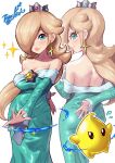  1girl back blonde_hair blue_dress blue_eyes blush closed_mouth crown dress earrings hair_over_one_eye highres jewelry lips long_hair long_sleeves looking_at_viewer luma_(mario) mario_(series) mini_crown multiple_views off_shoulder one_eye_covered pink_lips rosalina simple_background smile super_mario_galaxy toggy_keiichi white_background 