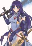  1girl altina_(fire_emblem) artist_name blue_dress blue_gloves breasts dress dual_wielding fingerless_gloves fire_emblem fire_emblem:_radiant_dawn flaming_sword flaming_weapon gloves greatsword highres holding holding_sword holding_weapon long_hair looking_at_viewer medium_breasts pelvic_curtain purple_eyes purple_hair purrlucii shoulder_pads sideboob solo sword very_long_hair weapon white_background 