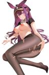 1girl animal_ears arknights black_pantyhose black_shirt breasts breasts_out cleavage closed_mouth commentary extra_ears feet foot_out_of_frame headlamp highres large_breasts legs long_hair looking_at_viewer lying nail_polish navel nipples no_shoes on_side pantyhose pink_nails purple_eyes purple_hair rabbit_ears rabbit_girl ray_(arknights) ru_zhai shirt short_sleeves simple_background solo symbol-only_commentary toes underboob visor_cap white_background 