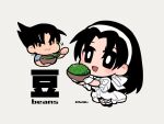  1boy 1girl black_hair bowl bright_pupils chewing dress full_body gloves grey_background hairband holding holding_bowl holding_spoon kazama_jin kazama_jun kotorai no_nose open_mouth peas signature spoon tekken tekken_8 v-shaped_eyebrows white_dress white_gloves white_hairband white_pupils 