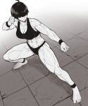  abs absurdres ahoge ankleband ass_visible_through_thighs black_hair black_panties black_sports_bra breasts cleavage_cutout clothing_cutout collarbone fighting_stance greyscale hair_over_eyes highres long_bangs looking_to_the_side monochrome muscular muscular_female original panties short_hair sketch speedl00ver sports_bra sports_panties thick_thighs thighs tile_floor tiles underwear veins wristband 