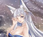  1girl animal_ear_fluff animal_ears artist_request azur_lane bare_shoulders blue_eyes blue_kimono breasts cleavage crying eyebrows_visible_through_hair fox_ears hair_ornament japanese_clothes kimono large_breasts long_hair looking_at_viewer off-shoulder_kimono one_eye_closed shinano_(azur_lane) silver_hair snowing solo upper_body 