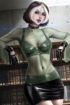  1girl ayya_sap black_gloves black_skirt bracelet breasts brown_hair collar eyeliner eyeshadow gloves green_eyes green_shirt jewelry lips makeup marvel medium_breasts midriff multicolored_hair navel pencil_skirt purple_lips rogue_(x-men) see-through see-through_shirt shirt skirt solo spiked_bracelet spiked_collar spikes thick_thighs thighs two-tone_hair white_hair x-men x-men_evolution 