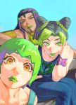  3girls arm_tattoo brown_eyes butterfly_tattoo double_bun dreadlocks ermes_costello foo_fighters_(jojo) green_eyes green_lips green_overalls hair_bun highres jojo_no_kimyou_na_bouken kujo_jolyne long_hair looking_at_viewer mozfan multicolored_hair multiple_girls purple_hair short_hair sitting sleeveless smile stone_ocean tattoo two-tone_hair 