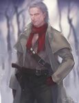  1boy artist_name bandolier bare_tree beard belt blue_eyes coat facial_hair gloves grey_hair hand_on_hip holster looking_at_viewer male_focus metal_gear_(series) metal_gear_solid_v mugikoma mustache realistic red_gloves revolver revolver_ocelot scarf smile snow solo tree 