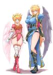  2girls angel_wings animal_ears arachangram18 blonde_hair breasts breath_of_fire breath_of_fire_ii closed_mouth dress feathered_wings full_body green_eyes highres long_hair looking_at_viewer multiple_girls nina_(breath_of_fire_ii) open_mouth purple_wings short_hair simple_background smile white_background wings 