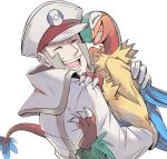  1boy :d affectionate archeops closed_eyes coat emmet_(pokemon) gloves happy hat high_collar highres holding holding_pokemon male_focus open_mouth pokemon pokemon_(creature) pokemon_bw rei_(esprei96) simple_background smile teeth tongue upper_body white_background white_coat white_gloves white_headwear 