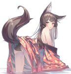  1girl all_fours animal_ear_fluff animal_ears ass bare_shoulders black_panties blush breasts brown_eyes brown_hair clothes_lift fox_ears fox_girl fox_tail from_behind highres japanese_clothes kimono kimono_lift long_hair looking_at_viewer looking_back off_shoulder original panties red_kimono shiro_youduki simple_background solo tail thighs underwear water wet wet_kimono 