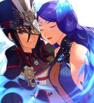 2girls asagi_(banzoku210) black_hair black_jacket blue_dress blue_fire blue_hair breasts brighid_(xenoblade) brown_eyes cleavage closed_eyes closed_mouth dress fire hat highres jacket long_hair looking_at_viewer medium_breasts military_hat military_uniform morag_ladair_(xenoblade) multiple_girls open_mouth reverse_trap simple_background uniform upper_body very_long_hair white_background xenoblade_chronicles_(series) xenoblade_chronicles_2 