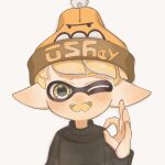  1boy beanie blonde_hair commentary_request hat highres inkling inkling_boy inkling_player_character lemo_(lemo_4) male_focus ok_sign one_eye_closed open_mouth orange_headwear pointy_ears short_hair simple_background smile solo splatoon_(series) teeth tentacle_hair upper_body white_background yellow_eyes 