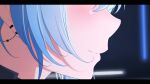  1girl blue_hair blush closed_mouth commentary diootaro earrings from_side head_out_of_frame highres hololive hoshimachi_suisei hoshimachi_suisei_(shout_in_crisis) jewelry letterboxed official_alternate_costume profile sidelocks smile solo virtual_youtuber 