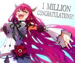  1girl closed_eyes ddolbang detached_sleeves dress highres hololive hololive_english irys_(hololive) irys_(irys_2.0)_(hololive) long_hair milestone_celebration multicolored_hair open_mouth pointy_ears purple_hair red_hair sleeveless sleeveless_dress smile solo teeth two-tone_hair upper_teeth_only very_long_hair virtual_youtuber white_dress white_sleeves 