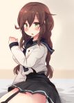  1girl bangs black_sailor_collar black_shirt braid brown_hair cowboy_shot garter_straps green_eyes highres hirune_(konekonelkk) kantai_collection long_sleeves looking_at_viewer necktie noshiro_(kantai_collection) pleated_skirt remodel_(kantai_collection) sailor_collar sailor_shirt school_uniform serafuku shirt sitting skirt solo swept_bangs thighhighs twin_braids yokozuwari 