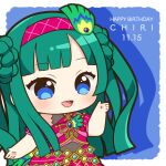  1girl :d blue_background blue_eyes blue_gemstone blunt_bangs blunt_ends blush bodystocking border character_name chibi chii_(chi_pppuri) commentary_request cowboy_shot gem green_hair hairband hand_up happy_birthday idol_clothes long_hair looking_at_viewer open_mouth outside_border peacock_feathers pretty_series pripara red_hairband red_shirt red_skirt shirt skirt smile solo standing tsukikawa_chili two_side_up white_border 