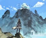  1boy absurdres albedo_(genshin_impact) blonde_hair blue_sky boots brown_gloves cloud coat from_behind genshin_impact gloves hair_bun highres knee_boots landscape looking_ahead mountain on_rock outdoors scenery sky solo standing white_coat zuu_(kyuudo9) 