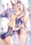  2girls :o animal_ears ass ayanami_(azur_lane) azur_lane bangs bare_arms bare_shoulders between_thighs blue_swimsuit blurry blurry_background blush brown_hair bunny_ears closed_mouth commentary_request depth_of_field double_bun eyebrows_visible_through_hair groin hair_between_eyes hair_ornament headgear high_ponytail highres holding indoors laffey_(azur_lane) leaning_forward long_hair looking_at_viewer looking_back multiple_girls natuna_natu one-piece_swimsuit parted_lips ponytail red_eyes shower_head silver_hair soap_bubbles sponge standing strap_slip swimsuit very_long_hair window 
