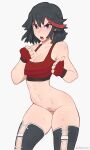  1girl black_hair blue_eyes blush bottomless breasts cleavage english_commentary female_pubic_hair fingerless_gloves gloves gym_shirt highres kill_la_kill lit_silium matoi_ryuuko medium_breasts multicolored_hair navel pubic_hair red_hair shirt short_hair solo streaked_hair sweat two-tone_hair 