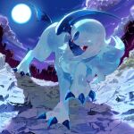  absol aisutabetao claws closed_mouth cloud full_moon horns looking_at_viewer moon night night_sky no_humans outdoors pokemon pokemon_(creature) red_eyes shadow single_horn sky tail white_fur 