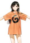  1girl black_hair blush brown_eyes closed_mouth commentary_request highres kanojo_okarishimasu long_hair looking_at_viewer miyajima_reiji mizuhara_chizuru orange_shirt oversized_clothes oversized_shirt parted_bangs shirt short_shorts short_sleeves shorts simple_background solo uzumaki_symbol white_background 