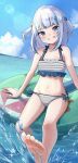  1girl bare_arms bare_legs bare_shoulders barefoot bikini blue_bow blue_eyes blue_hair blue_sky blue_tail blunt_bangs blush bow cloud collarbone commentary day dot_nose english_commentary feet fins fish_tail flat_chest gawr_gura grin groin hair_ornament highres hololive hololive_english long_hair looking_at_viewer multicolored_hair navel ocean on_innertube outdoors shark_tail sharp_teeth sky smile soles solo stomach striped_bikini striped_clothes sunlight swimsuit tail teeth thighs toes tomu_(nuri_pic) virtual_youtuber water wet white_hair 