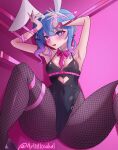  1girl absurdres artistkouhai blue_eyes blue_hair fishnet_pantyhose fishnets hashtag_only_commentary hatsune_miku heart heart-shaped_pupils highres hololive hoshimachi_suisei pantyhose pink_background playboy_bunny rabbit_hole_(vocaloid) solo symbol-shaped_pupils thighhighs thighs vocaloid 