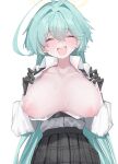  1girl :d absurdres ahoge black_gloves black_skirt blue_archive blue_hair blush breasts breasts_out closed_eyes clothes_pull gloves halo highres inverted_nipples large_breasts long_hair long_sleeves nipples partially_unbuttoned pleated_skirt pulled_by_self round_teeth sagging_breasts shirt shirt_pull shirt_tucked_in skirt smile solo sweat teeth upper_teeth_only very_long_hair vivo_(vivo_sun_0222) white_shirt yume_(blue_archive) 