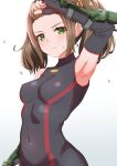  1girl arm_up armpits black_bodysuit blush bodysuit breasts brown_hair closed_mouth commentary_request covered_navel eyelashes green_eyes highres kamidan medium_breasts medium_hair shania_(xenoblade) skin_tight solo sweat twintails xenoblade_chronicles_(series) xenoblade_chronicles_3 