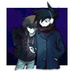  2boys black_coat black_hair black_scarf blue_eyes border brown_hair buttons closed_mouth coat cropped_legs denim drawstring earmuffs hand_in_pocket highres holding holding_phone hood hooded_sweater jacket jeans kd_(jichaman1) long_sleeves looking_at_phone male_focus manjoume_jun multiple_boys pants phone scarf short_hair sky star_(sky) starry_sky sweater white_border yu-gi-oh! yu-gi-oh!_gx yuuki_juudai 