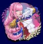  1girl ascot blue_eyes drill_hair epaulettes gloves highres lips long_hair looking_at_viewer manon_legrand pink_hair pink_lips portrait solo squidrilling street_fighter street_fighter_6 upper_body white_ascot white_gloves 