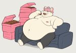 anthro belly bigfattypumpkin crumbs dessert doughnut eating eating_food food furniture hair hi_res joshie_(calahootheyeen) lagomorph leporid male mammal nipples overweight overweight_male pink_nipples rabbit sitting sofa solo sweatpants weight_gain