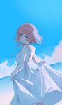  1girl absurdres alternate_costume bare_arms bare_shoulders blue_eyes blue_sky clothes_lift cloud cloudy_sky commentary day dress dress_lift dutch_angle feet_out_of_frame from_behind hair_intakes hanny_(hanni_y02) highres honkai:_star_rail honkai_(series) looking_at_viewer looking_back march_7th_(honkai:_star_rail) medium_hair open_mouth outdoors pink_eyes pink_hair shore sky smile solo spaghetti_strap standing symbol-only_commentary two-tone_eyes water white_dress 