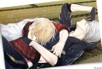  2boys black_gloves blonde_hair clenched_teeth cloak closed_eyes gloves grey_hair male_focus multiple_boys photo_(object) sasasaki sleeping sleeping_on_person tatami teeth touken_ranbu track_suit twitter_username upper_body yamanbagiri_chougi yamanbagiri_kunihiro 