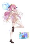  1girl ;d absurdres balloon bare_legs beret blush breasts brown_footwear commentary_request dress full_body hair_between_eyes hat highres long_hair long_sleeves looking_at_viewer maplestory medium_breasts messy_hair miyasaka_miyabi one_eye_closed one_side_up original pink_hair reference_inset simple_background smile standing standing_on_one_leg v very_long_hair white_background yellow_dress yellow_headwear 