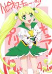  1girl anniversary blonde_hair brooch copyright_name dengeki_gx dress earrings green_dress green_eyes hair_ornament hair_ribbon happinesscharge_precure! heart heart_brooch heart_hands highres jewelry long_hair looking_at_viewer magical_girl open_mouth precure ribbon short_dress short_sleeves smile solo standing twintails two-tone_dress underbust unknown_blonde-haired_cure_(happinesscharge_precure!) very_long_hair white_dress white_ribbon 