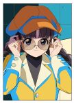  1girl adjusting_eyewear black_hair braid cabbie_hat cardcaptor_sakura coat daidouji_tomoyo edoya_inuhachi glasses grey_eyes hat highres long_hair looking_at_viewer round_eyewear smile solo twin_braids upper_body 