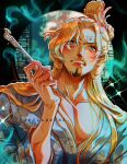  1boy blonde_hair chonmage clenched_teeth curly_eyebrows english_commentary facial_hair goatee highres holding holding_smoking_pipe japanese_clothes kimono long_hair looking_at_viewer male_focus one_piece sanji_(one_piece) smoke smoking_pipe solo teeth topknot twitter_username upper_body vanxllavina 