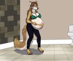  anthro belly big_belly breasts canid canine canis cleavage clothed clothing deliveredmean42 eyewear female glasses hi_res hyper hyper_belly mammal pregnant solo toilet wolf 