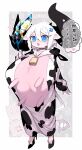  1girl animal_costume animal_ears bell blue_eyes breasts cosplay cow_costume cow_ears cow_horns cow_tail cowbell fang highres horns huge_breasts huge_horns kigurumi mato_tsuyoi neck_bell oppai_loli original short_hair tail udder white_hair yamada_vanhouten 