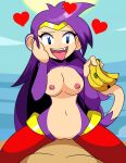 2022 anthro anthrofied banana biped blue_eyes breasts clothed clothing crown cute_fangs datwondoude duo female female_on_top first_person_view food fruit genitals gold_tiara hair hand_on_own_cheek haplorhine headgear heart_symbol hi_res holding_banana holding_food holding_fruit holding_object human human_on_anthro human_on_bottom human_pov innuendo interspecies legwear long_hair looking_at_viewer lust male male/female male_on_bottom male_pov mammal midriff monkey mostly_nude multicolored_body navel nipples nude on_bottom on_top open_mouth open_smile pink_nipples plant primate purple_body purple_hair pussy red_clothing red_legwear shantae shantae:_half-genie_hero shantae_(monkey_form) shantae_(series) sky smile straddling style_emulation tail tan_body teeth tiara tongue tongue_out topless two_tone_body wayforward