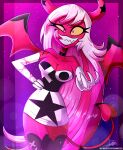  2021 breasts cleavage clothed clothing demon deviantart dress female gloves handwear helluva_boss hi_res horn humanoid looking_at_viewer not_furry signature solo succubus tattoo teeth text the-butcher-x tongue tongue_out url verosika_mayday_(vivzmind) wings 