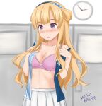  1girl ame-san blonde_hair blush bra breasts cleavage clock collarbone dated fletcher_(kantai_collection) hairband highres kantai_collection lawson looking_at_viewer medium_breasts navel open_clothes open_mouth pink_bra pleated_skirt purple_eyes skirt twitter_username underwear white_skirt 