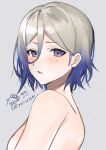 1girl blue_hair blush breasts dated grey_background grey_hair hair_between_eyes highres jean_bart_(kancolle) kantai_collection looking_at_viewer mole mole_under_eye multicolored_hair nude one-hour_drawing_challenge parted_lips purple_eyes short_hair simple_background solo toriniku_senshi_chikinman twitter_username upper_body 