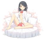  1girl bangs barefoot black_hair blush book bottomless bow braid breasts brown_eyes chinese_commentary collared_shirt commentary_request dress_shirt eyebrows_visible_through_hair full_body groin hatsunatsu holding holding_book knee_up long_hair looking_at_viewer medium_breasts open_book open_clothes open_shirt original parted_lips pillow red_bow shirt sitting sleeves_past_wrists solo swept_bangs white_shirt 