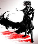  1boy alucard_(hellsing) artist_name ascot expressionless glowing glowing_eye greyscale hands_in_pockets hellsing highres long_coat male_focus medium_hair monochrome red_eyes solo spot_color toshimichi_yukari web_address 