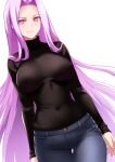  1girl black_sweater blue_pants breasts closed_mouth collared_shirt covered_navel cowboy_shot denim engo_(aquawatery) fate/stay_night fate_(series) heaven&#039;s_feel highres impossible_clothes impossible_sweater jeans large_breasts long_hair long_sleeves looking_at_viewer medusa_(fate) medusa_(rider)_(fate) nail_polish official_alternate_costume pants pink_eyes pink_hair pink_nails ribbed_sweater shirt simple_background smile solo sweater turtleneck turtleneck_sweater very_long_hair white_background 