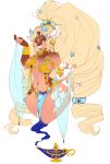  2021 anthro beckoning blonde_hair blue_eyes bottomwear bovid bovine brown_body captaintuna cattle clothed clothing collar ear_piercing ear_ring female floating genie gesture gold_(metal) gold_collar gold_jewelry hair hi_res horn horn_ring inner_ear_fluff jewelry lidded_eyes loincloth looking_at_viewer magic_lamp mammal navel navel_piercing piercing simple_background skimpy solo spots tongue tongue_out tuft white_background white_spots wrist_cuff 